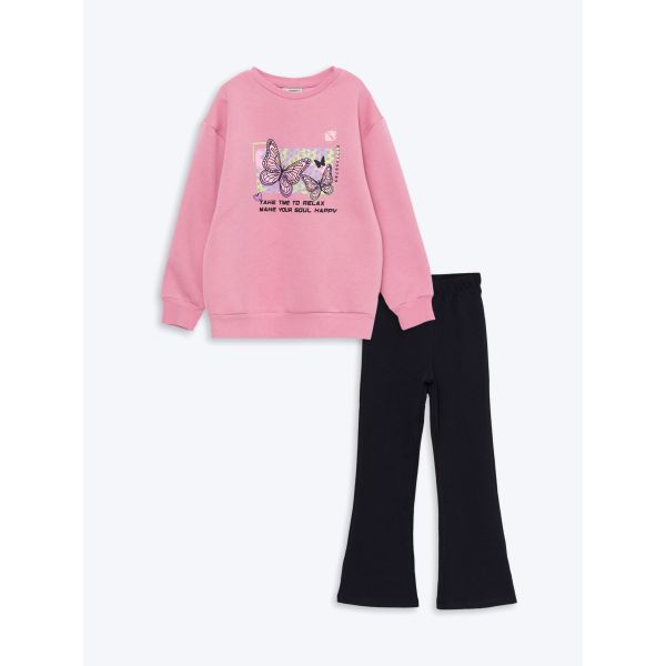 Crew Neck Printed Long Sleeve Girl Sweatshirt and Tights