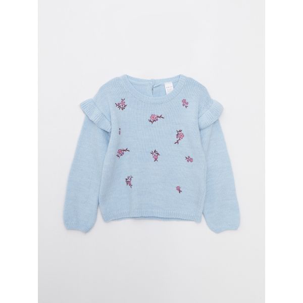 Crew Neck Long Sleeve Embroidery Detailed Baby Girl Knitwear Sweater