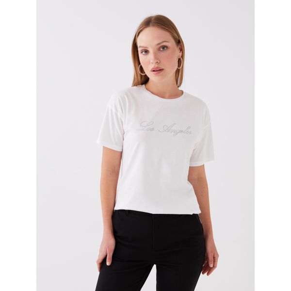 Crew Neck Stone Printed Short Sleeve Women's T-Shirt