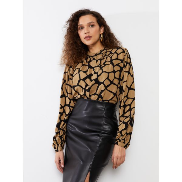 Ruched Collar Patterned Long Sleeve Women's Blouse