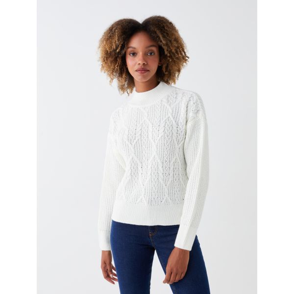 Half Turtleneck Ajour Long Sleeve Women's Tricot Sweater