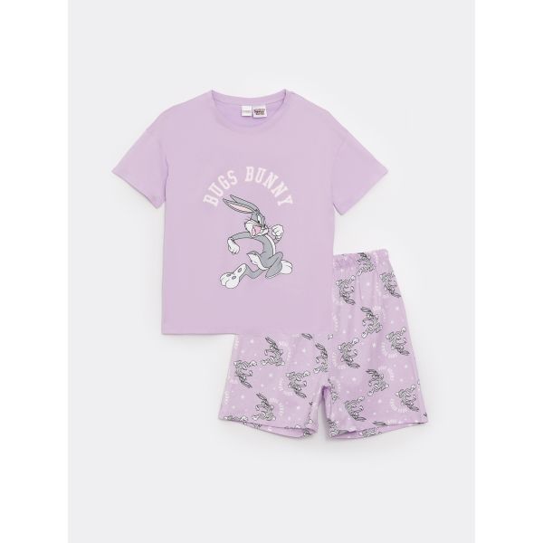 Crew Neck Bugs Bunny Printed Short Sleeve Girls Shorts Pajamas Set