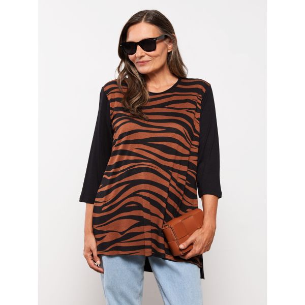 Crew Neck Patterned Long Sleeve Crepe Women's T-shirt