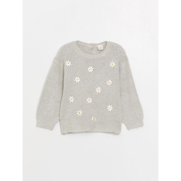 Crew Neck Long Sleeve Embroidery Detailed Baby Girl Sweater