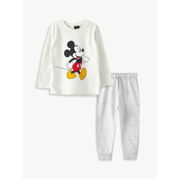 Crew Neck Long Sleeve Mickey Mouse Printed Baby Boy T-shirt and Trousers 2-Pack Set