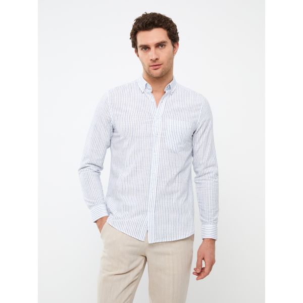 Regular Fit Long Sleeve Striped Poplin Men's Shirt