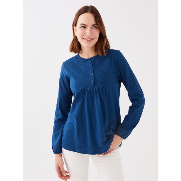 Crew Neck Embroidered Long Sleeve Women's Blouse