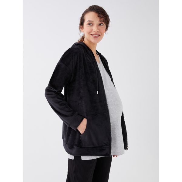 Hooded Plain Long Sleeve Velvet Maternity Sport Cardigan