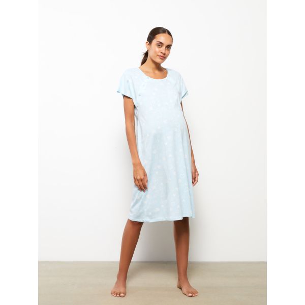 Crew Neck Patterned Short Sleeve Cotton Maternity Nightgown