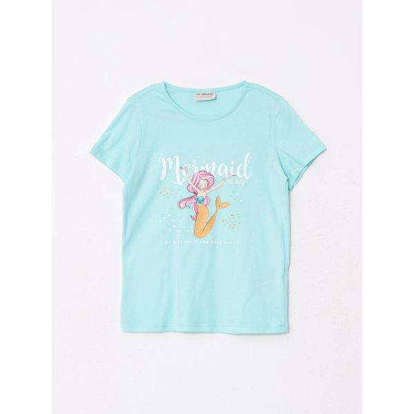 Crew Neck Printed Short Sleeve Cotton Girl T-shirt