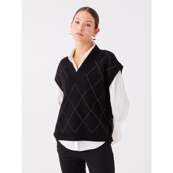 V-Neck Patterned Oversize Women Knitwear Sweater