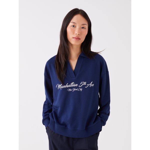 Polo Neck Printed Long Sleeve Oversize Women's Sweatshirt