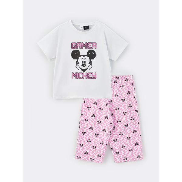 Crew Neck Mickey Mouse Printed Short Sleeve Girl Pajama Set