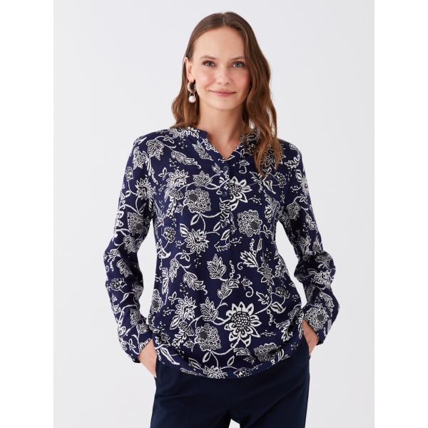 Henley Neckline Patterned Long Sleeve Women's Blouse