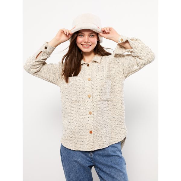 Front Button Closure Self Patterned Long Sleeve Women's Shirt Jacket