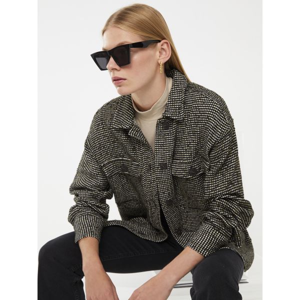 Buttoned Patterned Long Sleeve Tweed Women's Shirt Jacket