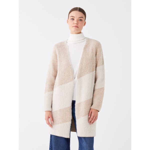 Shawl Neck Long Sleeve Women's Tricot Cardigan with Color Block