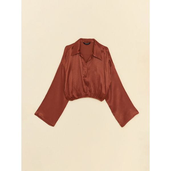 Shirt Collar Straight Long Sleeve Crop Satin Women's Blouse