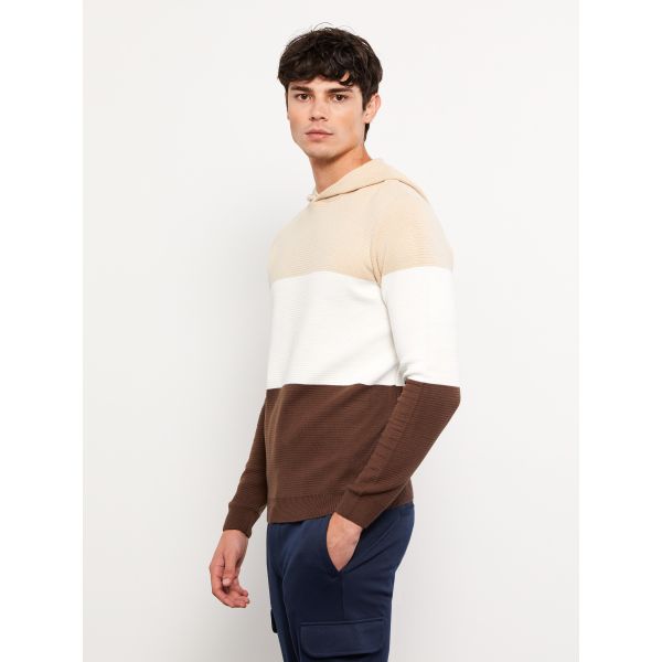 Hooded Long Sleeve Men's Tricot Sweater with Color Block