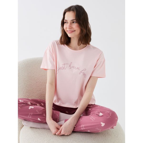 Women's Crew Neck Printed Pajamas Set