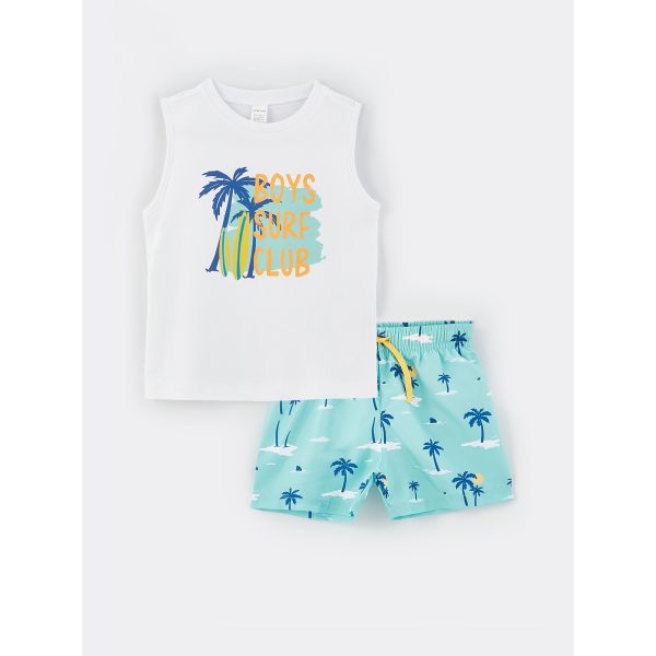 Crew Neck Printed Baby Boy Athlete and Sea Shorts 2-Piece Set