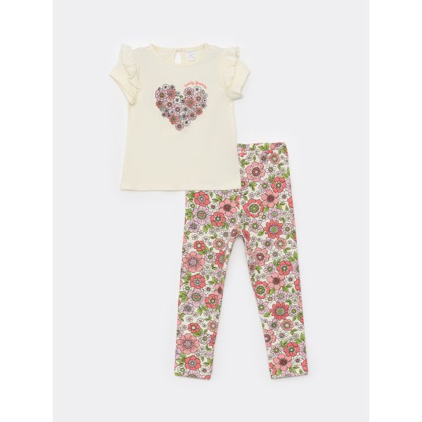 Crew Neck Short Sleeve Printed Baby Girl Blouse and Leggings 2-Pack Set