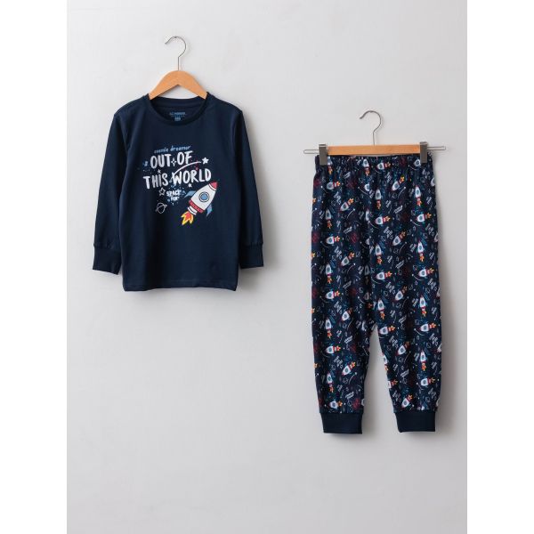 Crew Neck Glow In The Dark Printed Long Sleeve Cotton Boys Pajamas Set