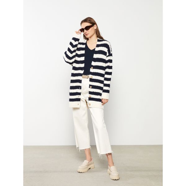 V Neck Striped Long Sleeve Women's Tricot Cardigan