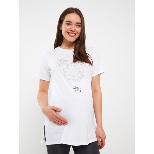 Crew Neck Mickey Mouse Stone Printed Short Sleeve Maternity T-Shirt