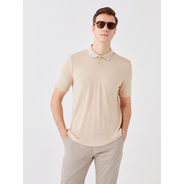 Polo Neck Short Sleeve Linen Blended Men's T-Shirt