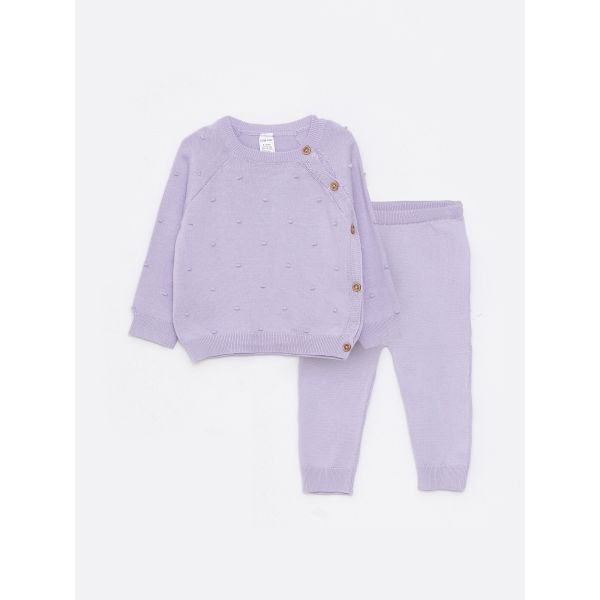 Crew Neck Long Sleeve Cotton Baby Girl Knitwear Cardigan and Trousers 2-Pack Set