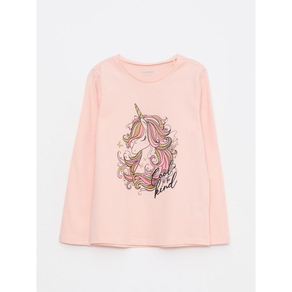 Crew Neck Printed Long Sleeve Cotton Girl T-shirt