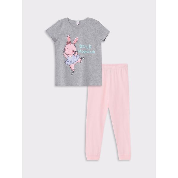 Crew Neck Printed Short Sleeve Girl Pajama Set