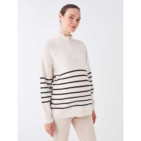 Half Fisherman Neck Striped Long-Sleeve Maternity Knitwear Sweater