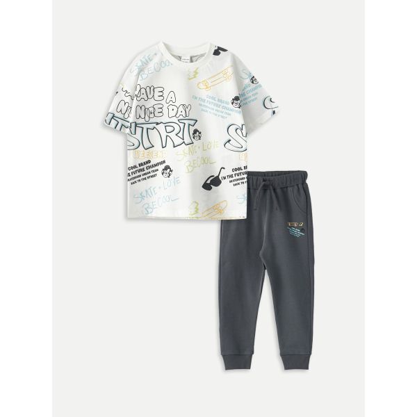 Crew Neck Short Sleeve Printed Baby Boy T-Shirt and Trousers 2-Piece Set