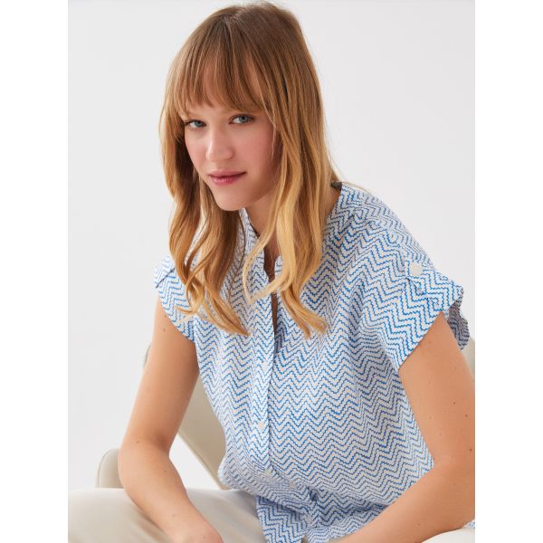 Henley Neckline Patterned Short Sleeve Women's Shirt