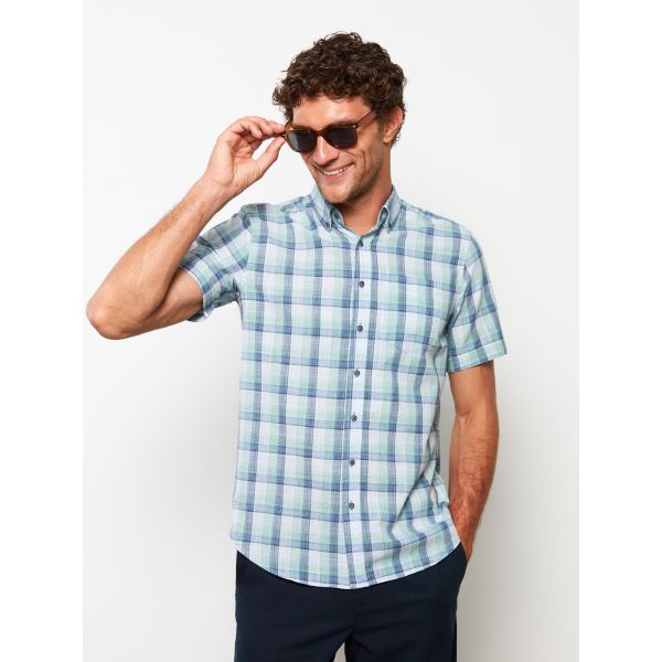 Regular Fit Short Sleeve Plaid Poplin Men's Shirt