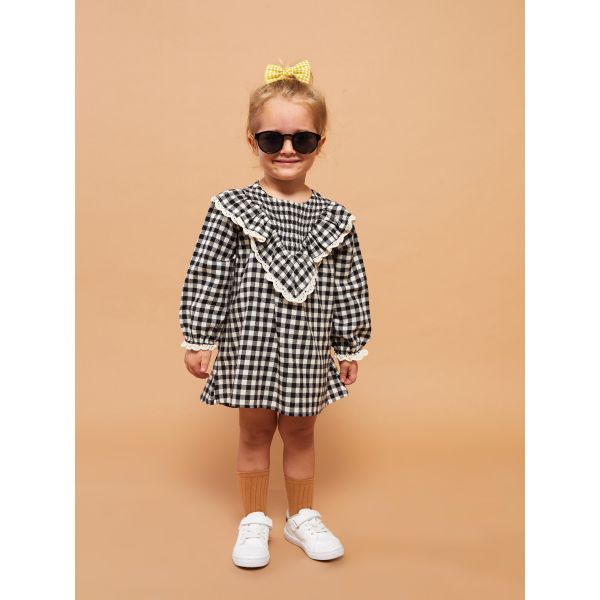 Crew Neck Long Sleeve Plaid Patterned Baby Girl Dress