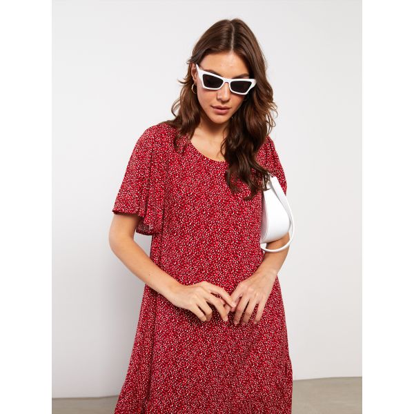 Crew Neck Patterned Short Sleeve A-Cut Women's Dress