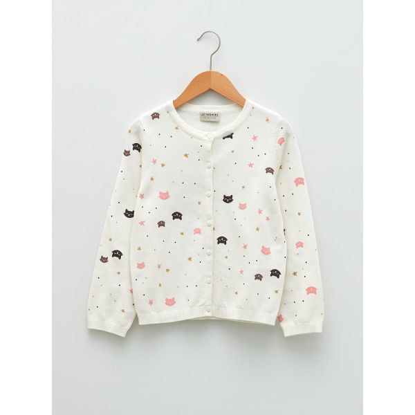 Crew Neck Patterned Long Sleeve Girl Tricot Cardigan