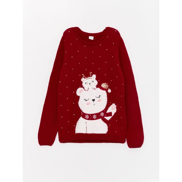 Crew Neck Embroidered Long Sleeve Girl Tricot Sweater