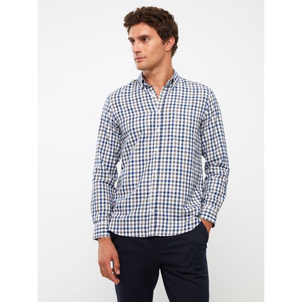 Regular Fit Long Sleeve Plaid Gabardine Men's Shirt