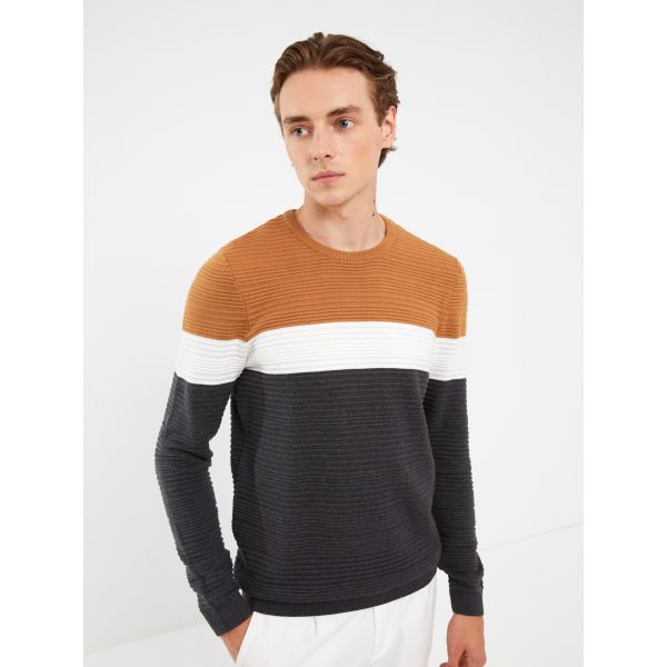 Crew Neck Long Sleeve Men's Tricot Sweater with Color Block