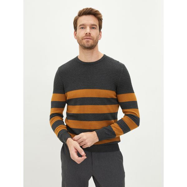 Crew Neck Long Sleeve Striped Men's Tricot Sweater