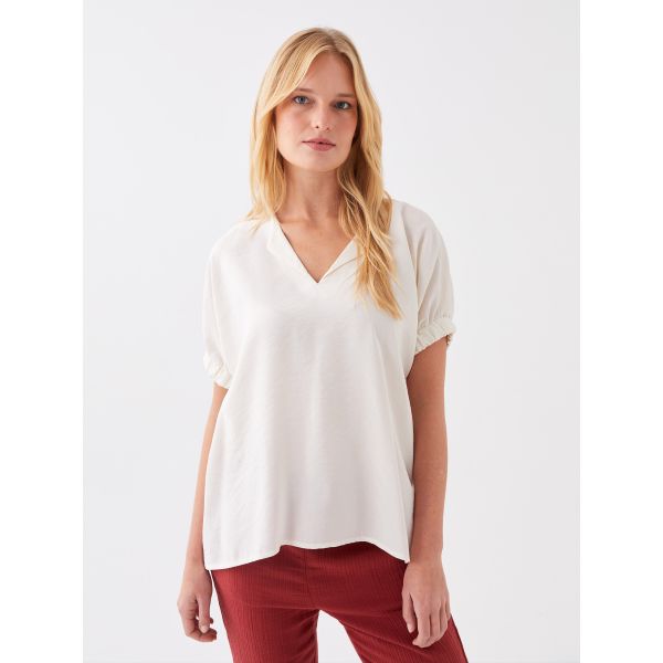 Henley Neckline Straight Short Sleeve Women Blouse