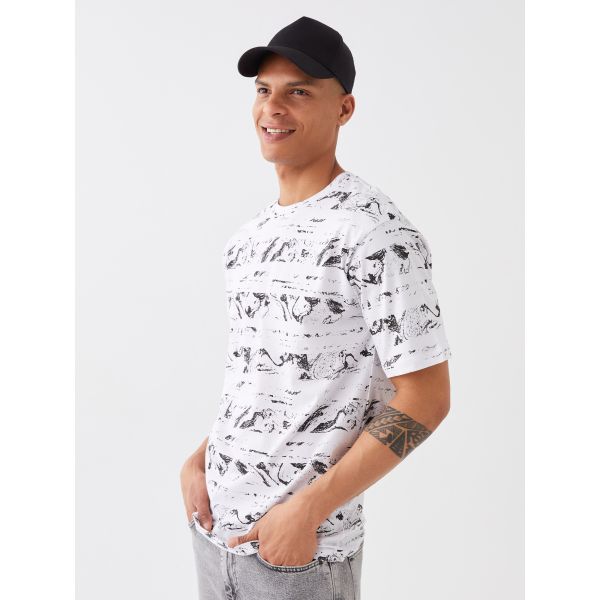 Crew Neck Short Sleeve Patterned Combed Cotton Men's T-Shirt