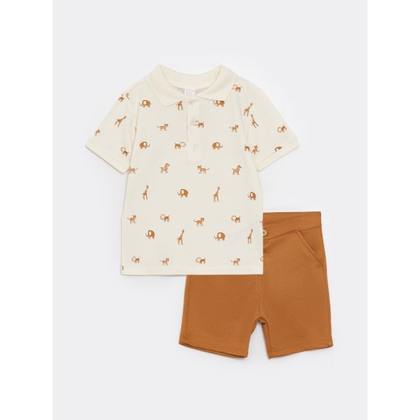 Polo Neck Short Sleeve Patterned Baby Boy T-Shirt and Shorts 2-Piece Set