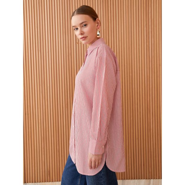 Shirt Collar Striped Long Sleeve Poplin Women's Tunic