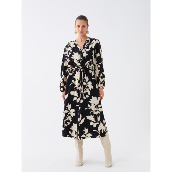 V-Neck Patterned Long Sleeve Oversize Women's Shirt Dress