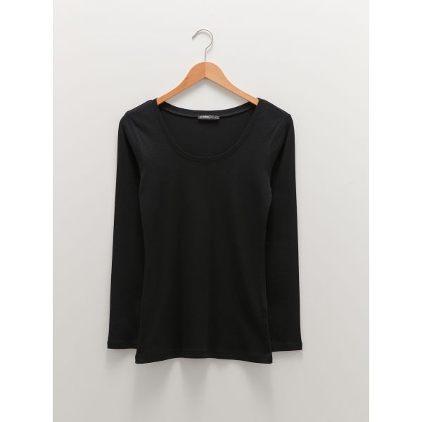 Women's U-Neck Plain Long Sleeve Cotton T-Shirt